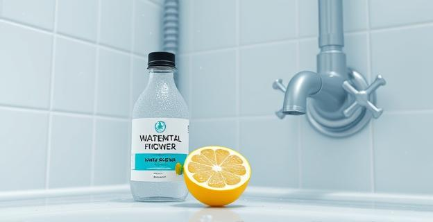 Imagen de una ducha con gotas de agua y una botella de vinagre blanco junto a un limón cortado, con un grifo y tuberías limpios al fondo