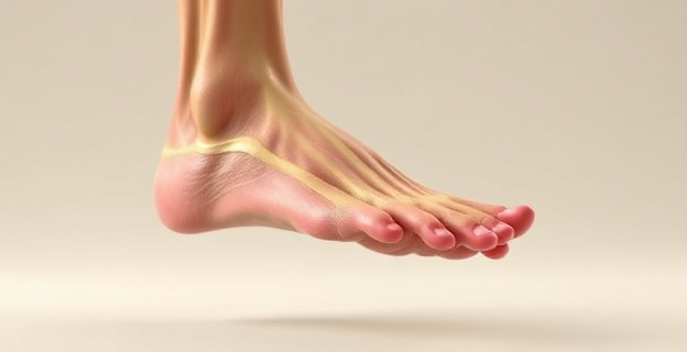 Una representación artística de un pie humano con los dedos extendidos, resaltando los músculos y tendones subyacentes, en un estilo anatómico detallado y con un fondo neutro que evoca la evolución humana.
