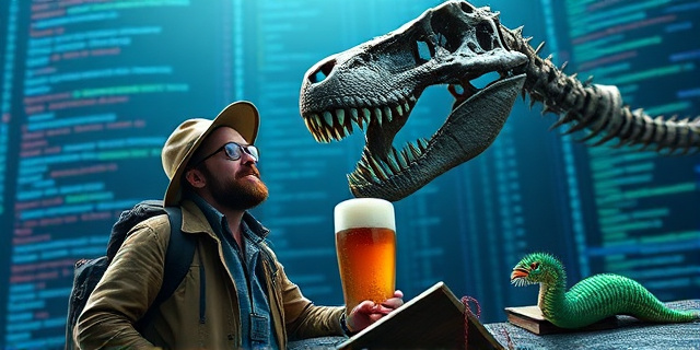 Una ilustración surrealista y satírica. Un naturalista británico moderno, con ropa de campo, mirando con fascinación y alegría un cráneo gigante de T. rex que flota sobre un fondo de código digital y CGI. A un lado, una pinta de cerveza de pub inglesa y un pequeño gusano de terciopelo brillante. Estilo de arte editorial, colores vibrantes, contraste entre la prehistoria y la tecnología moderna.