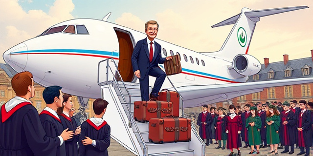 Una ilustración satírica estilo caricatura editorial. Un avión oficial de lujo aterrizando en una universidad británica clásica. En la escalerilla, un político con semblante serio y un asistente personal sosteniendo múltiples maletas y un escudo protector, mientras una multitud de estudiantes con togas académicas observa con extrañeza. Colores vibrantes, atmósfera de opulencia contrastada con la sobriedad académica.