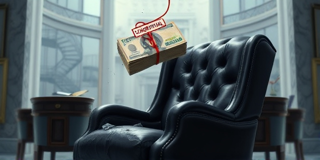 Una ilustración satírica y conceptual. Un lujoso sillón de oficina de cuero negro que se está desintegrando o derritiendo, situado en un entorno frío y burocrático de mármol. Sobre el sillón flota un fajo de billetes atado con un cordel rojo y un sello oficial de caucho que dice 