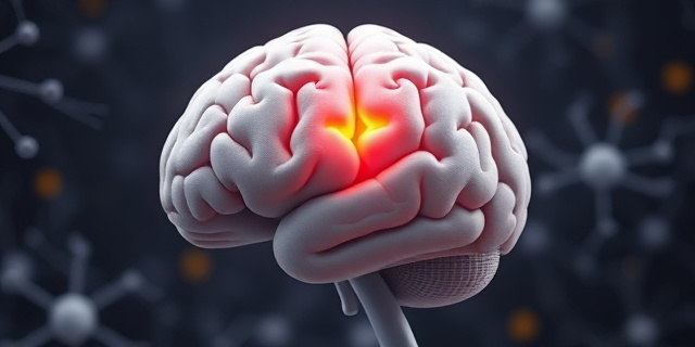 Un cerebro humano con una región cerebral iluminada, representando la corteza prefrontal ventromedial, rodeado de neuronas y conexiones.