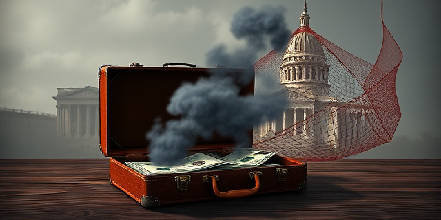 Una ilustración conceptual y satírica. Un maletín de cuero antiguo abierto sobre una mesa de madera oscura, del cual emergen billetes que se transforman en humo gris. Al fondo, la silueta arquitectónica de un edificio gubernamental clásico envuelta en una red de pesca hecha de hilos rojos. Estilo artístico de caricatura editorial de alta calidad, colores contrastados, atmósfera de misterio y corrupción.