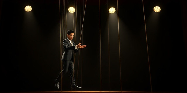 Una marioneta de hilos dorados, en un escenario oscuro con luces que apuntan desde arriba. La marioneta, vestida con un traje formal, intenta liberarse de los hilos, pero estos se tensan. Al fondo, sombras con formas de edificios gubernamentales. Estilo: Barroco, con colores oscuros y contrastes fuertes.