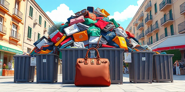 Una ilustración satírica y conceptual que muestra una montaña colosal de ropa y accesorios falsos (gafas, bolsos, camisetas) que llena cinco contenedores de basura urbanos en una calle soleada de una ciudad mediterránea. En primer plano, una multa oficial gigante cae como una guillotina sobre un bolso de imitación, con un estilo artístico de caricatura editorial moderna, colores vibrantes y contrastes fuertes.