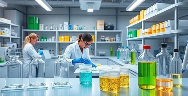 Imagen de un laboratorio donde científicos trabajan con materiales biodegradables innovadores, con muestras de polímeros y bioplásticos en el entorno de trabajo