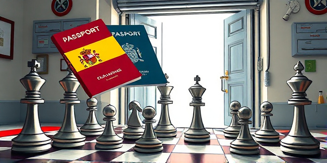 Una ilustración satírica y conceptual. Un pasaporte español flotando sobre un tablero de ajedrez donde las piezas son figuras gubernamentales y policiales. Al fondo, una puerta de garaje entreabierta que deja pasar una luz brillante, sugiriendo una salida secreta. Estilo de caricatura editorial de periódico, con colores contrastados y trazos ácidos.