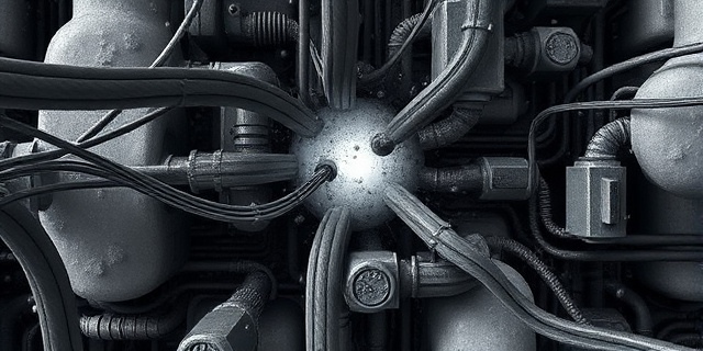 Una composición abstracta con tonos oscuros y grises, representando una red intrincada de cables y conexiones que convergen en un punto brillante y contaminado. Elementos sutiles que recuerden a torres de petróleo y partículas de hollín flotando en el aire. Estilo: expresionismo abstracto, con texturas rugosas y pinceladas agresivas.