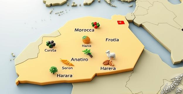 Imagen de un mapa de Marruecos y Sáhara Occidental con productos agrícolas y etiquetas de origen
