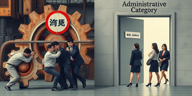 Una ilustración conceptual y satírica que muestra un engranaje industrial gigante y oxidado en Japón. De un lado, un grupo de hombres cansados intentando empujarlo; del otro, una puerta cerrada con un cartel que dice 