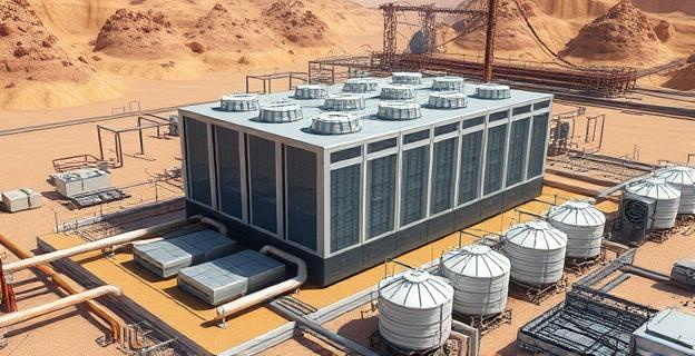 Un centro de datos con sistemas de enfriamiento avanzados, rodeado de tuberías y tanques de agua, con un fondo de un paisaje árido y una gran cantidad de cables y maquinaria