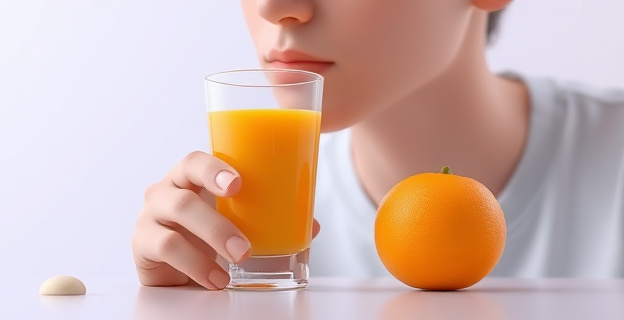 Una persona bebiendo un vaso de zumo de naranja, con una naranja entera al lado