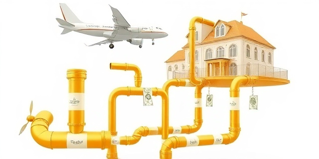 Una ilustración conceptual y satírica que muestra un laberinto de tuberías doradas y transparentes que conectan un avión comercial con una mansión elegante. El dinero fluye como agua a través de tuberías etiquetadas con sellos burocráticos y carpetas de 