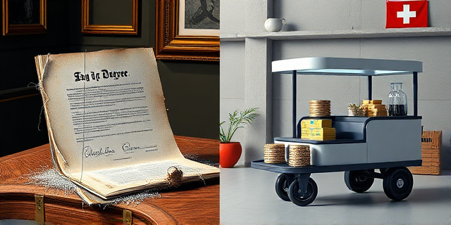 Una imagen conceptual y satírica. En un lado, un título universitario de Derecho español acumulando polvo y telarañas sobre una mesa vieja. En el otro lado, un carrito de limpieza profesional brillante y moderno junto a una pila de monedas de francos suizos y una pequeña cafetería móvil minimalista de fondo. Estilo ilustración editorial moderna, colores contrastados, sin personas reales.
