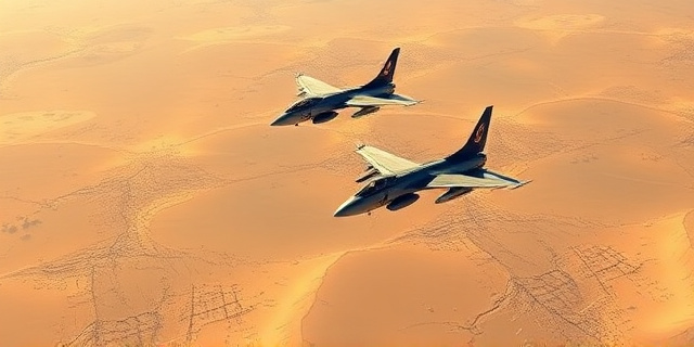 Una ilustración conceptual al estilo editorial de periódico, mostrando dos aviones militares volando en formación sobre un paisaje árido de Murcia, España. El estilo debe ser minimalista, con colores azul acero y dorado, enfatizando la simetría y la jerarquía, sin rostros definidos, evocando una sensación de protocolo y poder militar.