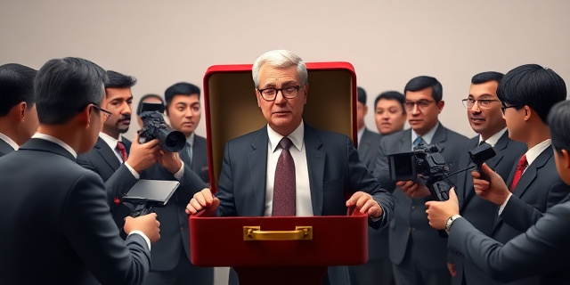 Un ministro de Hacienda con una cartera vacía, rodeado de periodistas que le hacen preguntas incómodas, mientras la portavoz del Ejecutivo intenta desviar la atención con un discurso vago y evasivo.