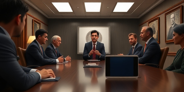 Una reunión secreta en un despacho con personas con trajes y corbatas, con un teléfono grabando la conversación
