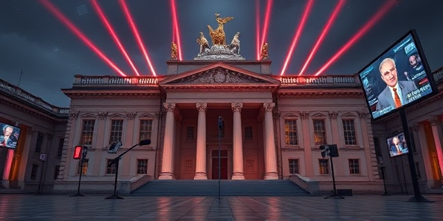 Una ilustración satírica que muestra un palacio gubernamental clásico y sobrio siendo invadido por luces de neón, micrófonos modernos y pantallas de streaming, creando un contraste entre la arquitectura antigua y la cultura digital hiperactiva, estilo editorial de revista.