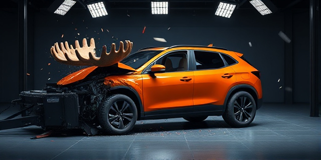 Una imagen conceptual de un crash test automovilístico en un laboratorio oscuro. Un coche moderno de color naranja impactando contra un maniquí de goma gigante que representa un alce sin cabeza. Estilo cinematográfico, alta velocidad, fragmentos de goma volando, iluminación dramática de estudio, enfoque en la deformación del impacto y la seguridad estructural.