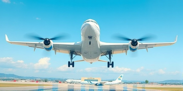 Una vista aérea de un avión a control remoto gigante, blanco y azul, sobrevolando una pista de aterrizaje. El avión es detallado y realista, pero claramente un modelo a gran escala. El cielo es azul claro con algunas nubes. El estilo es futurista y limpio, con un enfoque en la escala y la ingeniería. Iluminación dramática, colores vibrantes y texturas detalladas.