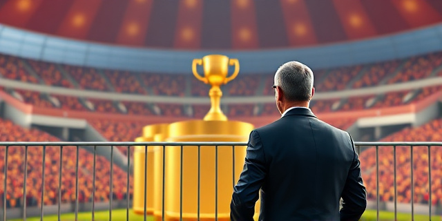 Una ilustración satírica de un hombre con traje formal mirando con envidia desde una valla publicitaria hacia un podio dorado donde tres figuras poderosas levantan un trofeo de oro. Al fondo, una multitud borrosa en un estadio moderno con colores rojo y amarillo, atmósfera de ironía y exclusión social.