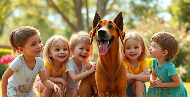 Una familia feliz con un perro Labrador Retriever, Golden Retriever o Pastor Alemán rodeada de niños pequeños en un jardín soleado