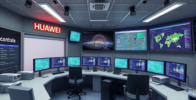 Imagen de un centro de control ferroviario con equipamiento de red de datos, routers y switches de la marca Huawei, en un entorno de alta tecnología y seguridad.
