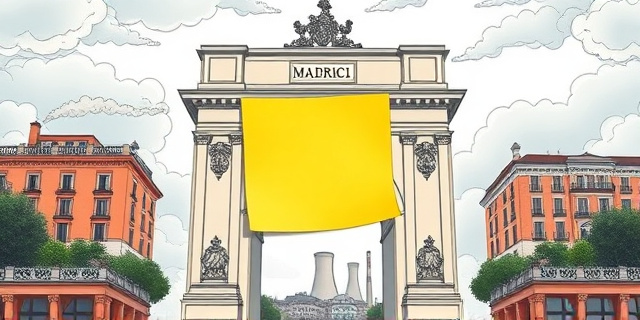Una ilustración satírica de un enorme recordatorio adhesivo amarillo pegado sobre un arco arquitectónico clásico de Madrid, con un fondo de nubes grises y una pequeña silueta de una central nuclear al fondo, estilo caricatura editorial de periódico, colores contrastados.