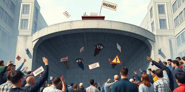 Una ilustración conceptual y satírica que muestra un embudo gigante de hormigón donde una multitud de personas intenta entrar, mientras en la parte superior, un escritorio burocrático con papeles oficiales y un sello rojo ignora las señales de advertencia. Estilo editorial de periódico, colores contrastados, atmósfera de tensión urbana.