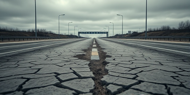 Una imagen conceptual y satírica de una autopista moderna que se transforma gradualmente en un camino de tierra lleno de grietas y socavones profundos. En el centro, un parche de asfalto pequeño y ridículo pegado con una tirita gigante. Al fondo, un cielo gris industrial. Estilo cinematográfico, hiperrealista, enfocándose en la textura degradada del suelo.