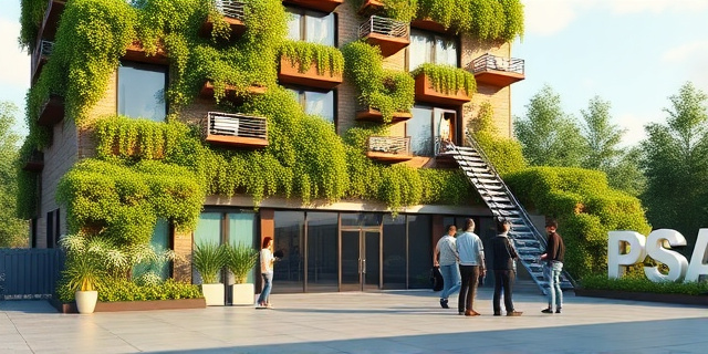 Un edificio del PSOE con jardines verticales y energías renovables, mientras un grupo de personas discuten en un rincón