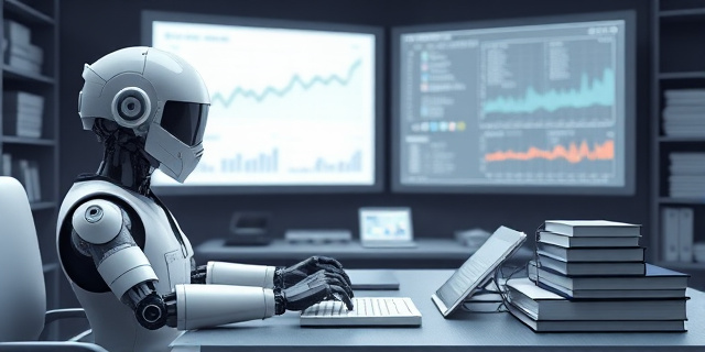 Una ilustración hiperrealista de un robot con casco de médico y una bata blanca, sentado frente a una mesa llena de libros médicos, mientras una pantalla gigante muestra gráficos de datos, todo con un tono sombrío y sin rostros humanos reconocibles.