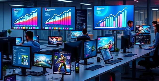 Oficina moderna con pantallas mostrando gráficos de crecimiento y empleados trabajando en proyectos de márketing digital y e-sports. Destacan elementos como computadoras de alta gama y dispositivos móviles mostrando interfaces de videojuegos y aplicaciones de redes sociales.