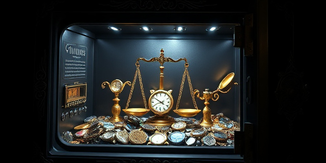 Una caja fuerte abierta, desbordándose de joyas y relojes brillantes, con una balanza de la justicia inclinada hacia un lado. Fondo oscuro y atmósfera opresiva. Estilo barroco, colores ricos y contrastados.