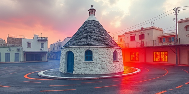 Una ilustración conceptual de estilo editorial que contraste una ciudad moderna gris y calurosa con la frescura de un trullo medieval italiano. El trullo debe verse como un oasis de piedra blanca y techo cónico, rodeado de un aura azul refrescante, mientras que el entorno urbano muestra ondas de calor naranjas y asfalto fundiéndose. Estilo artístico limpio, saturación contrastada, sin personas reales.