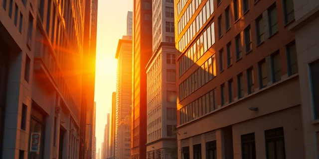 Una calle urbana moderna, con edificios altos a ambos lados, bañada por una luz dorada y cálida al atardecer. La perspectiva debe ser recta, enfatizando la alineación de la luz solar con las calles, creando un efecto visual impactante y simétrico. El estilo debe ser similar a una pintura impresionista, con pinceladas sueltas y colores vibrantes que capturan la atmósfera mágica del momento.