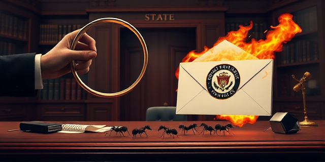 Una ilustración conceptual y satírica. Un gran escritorio de madera oscura de oficina gubernamental donde una lupa gigante, sostenida por una mano invisible con un traje elegante, presiona violentamente un pequeño hormiguero que representa a un grupo de agentes policiales. Al fondo, un sobre de correo electrónico con el sello oficial de un palacio gubernamental ardiendo en llamas. Estilo editorial de revista política, colores contrastados, atmósfera opresiva y cínica.