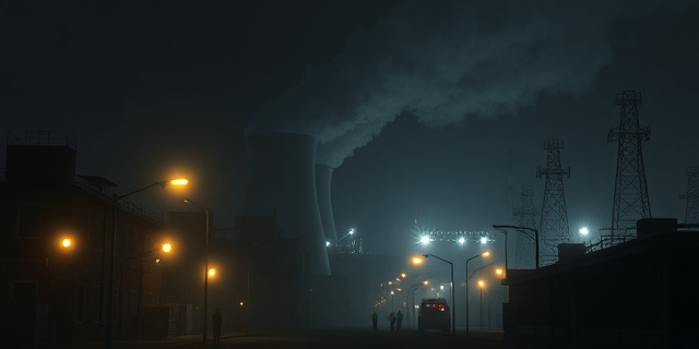 Una imagen de una ciudad oscura y silenciosa, con luces de emergencia y personas caminando en la oscuridad, mientras que en el fondo se ve una gran planta de energía con chimeneas humeantes