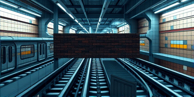 Una composición abstracta que representa un laberinto de líneas de metro y trenes, con una barrera de pared de ladrillos que bloquea el paso a algunas líneas. Colores fríos y contrastes fuertes, con una sensación de opresión y burocracia. Estilo artístico: expresionismo abstracto.