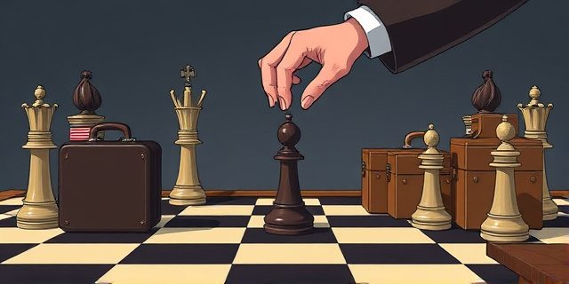 Una ilustración satírica de un tablero de ajedrez donde las piezas son maletines y urnas electorales. Una mano con un traje elegante mueve una barrera de madera muy baja para que una pieza pequeña pueda pasar fácilmente. Estilo de caricatura editorial de periódico, colores sobrios con contrastos fuertes.
