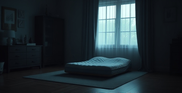 Una escena oscura y sombría de un salón con un colchón en el suelo, representando la vulnerabilidad de un menor en un entorno doméstico.