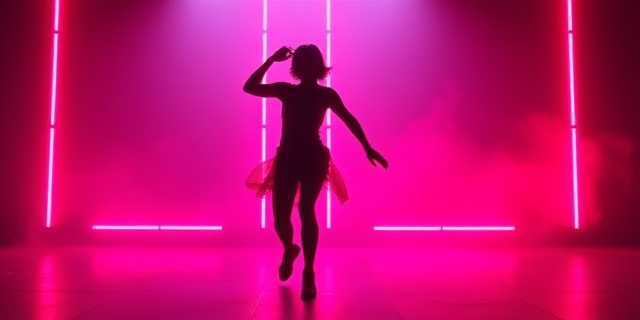 Un bailarín en movimiento con sombras dinámicas sobre un fondo de luces de neón, sin rostros ni texto, destacando la energía y la coordinación.