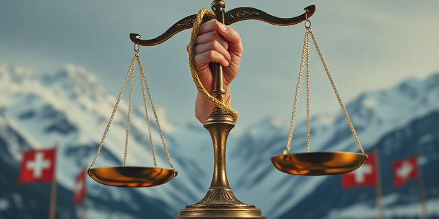 Una balanza de la justicia con una mano atada por una cuerda dorada, sobre un fondo de montañas nevadas y banderas suizas sutilmente desvanecidas. Estilo pictórico, óleo sobre lienzo, colores fríos y contrastados.
