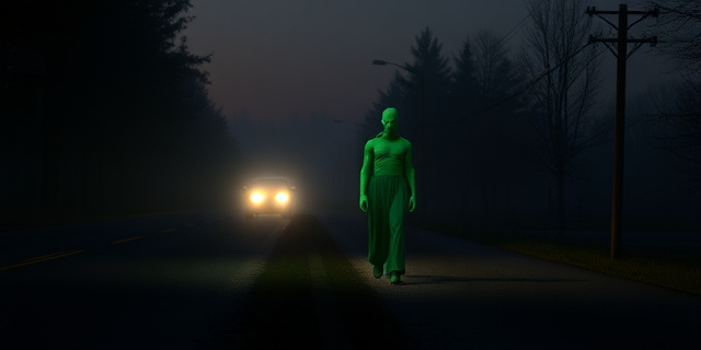 Una carretera rural de Pennsylvania al anochecer, con niebla baja y una figura sin rostro de color verde caminando por el arcén. Los faros de los coches iluminan su silueta, reflejando un brillo tenue como el de una lámpara de gas antigua. No se ve ningún rostro, solo la piel extendida sobre huesos, y el paisaje está lleno de árboles y postes de luz apagados.