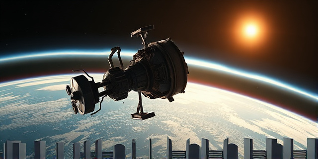 Una ilustración conceptual y dramática de un pequeño satélite robótico con brazos mecánicos intentando abrazar a un telescopio espacial antiguo y desgastado en la oscuridad del espacio, con la curvatura de la Tierra iluminada abajo y destellos solares agresivos al fondo. Estilo cinematográfico, hiperdetallado, sin texto.