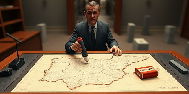 Una ilustración conceptual y satírica. Un escritorio gubernamental moderno y lujoso donde un funcionario con traje borra selectivamente partes de un mapa antiguo de España con una goma de borrar gigante. Sobre el escritorio hay un sello oficial que dice 