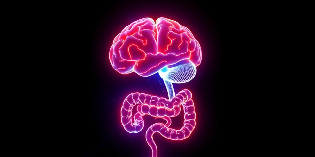 Una ilustración conceptual surrealista que combine un cerebro humano brillante y eléctrico fusionándose con una estructura orgánica de intestino, estilo arte digital moderno, colores neón sobre fondo oscuro, simbolizando la conexión eje intestino-cerebro, sin personas reales.