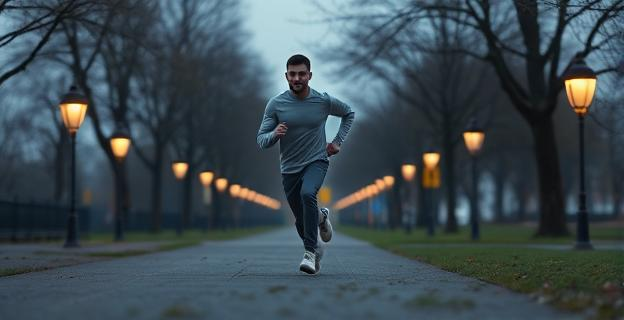 Imagen de una persona alternando entre correr y caminar en un parque con farolas al fondo
