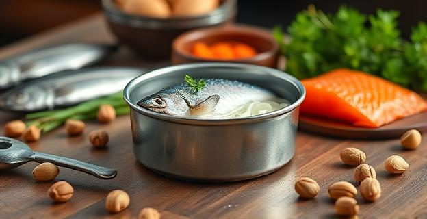 Una lata de atún en una mesa con otros alimentos saludables como sardinas, melva, salmón y nueces