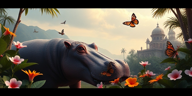 Una escena surrealista con un hipopótamo gigante en una jungla exuberante, rodeado de flores exóticas y mariposas coloridas. El ambiente debe ser onírico y ligeramente melancólico, con tonos pastel y sombras suaves. En el fondo, se vislumbra una mansión abandonada y un paisaje montañoso. Estilo pictórico, inspirado en la obra de Frida Kahlo.